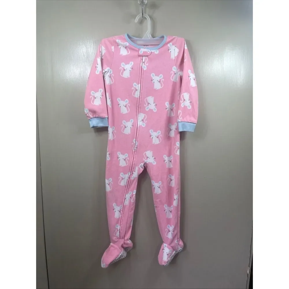 Carters Girls 4T Pink Fleece Footed Pajamas Mouse Print Blue Trim Full‎ Zip PJs